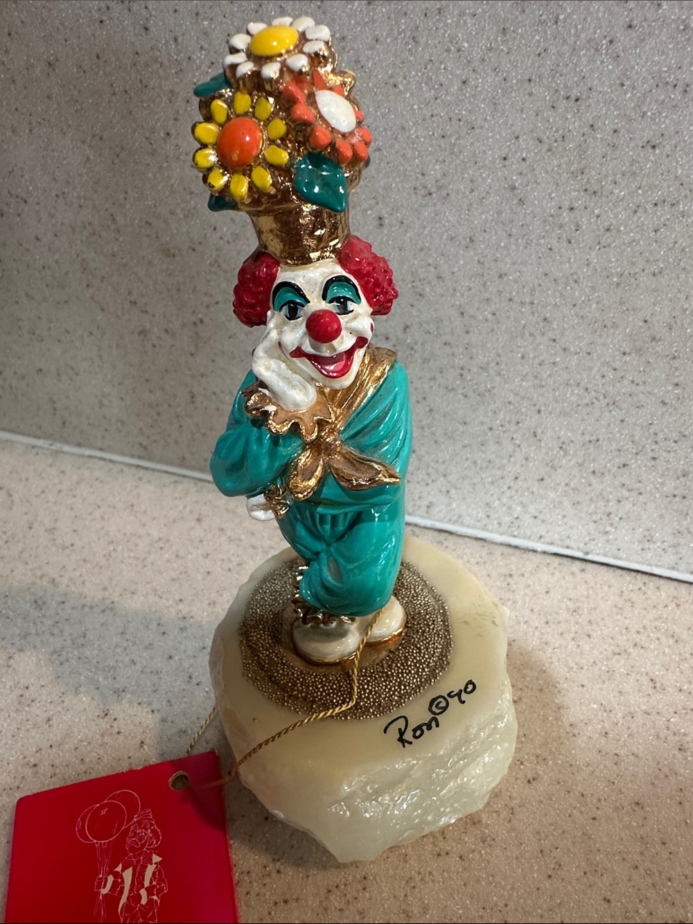 Ron Lee 90 hand painted clown with pot of flowers on head on marble base signed